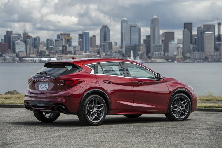 2019 Infiniti QX30S in Magnetic Red from a rear right three-quarter view